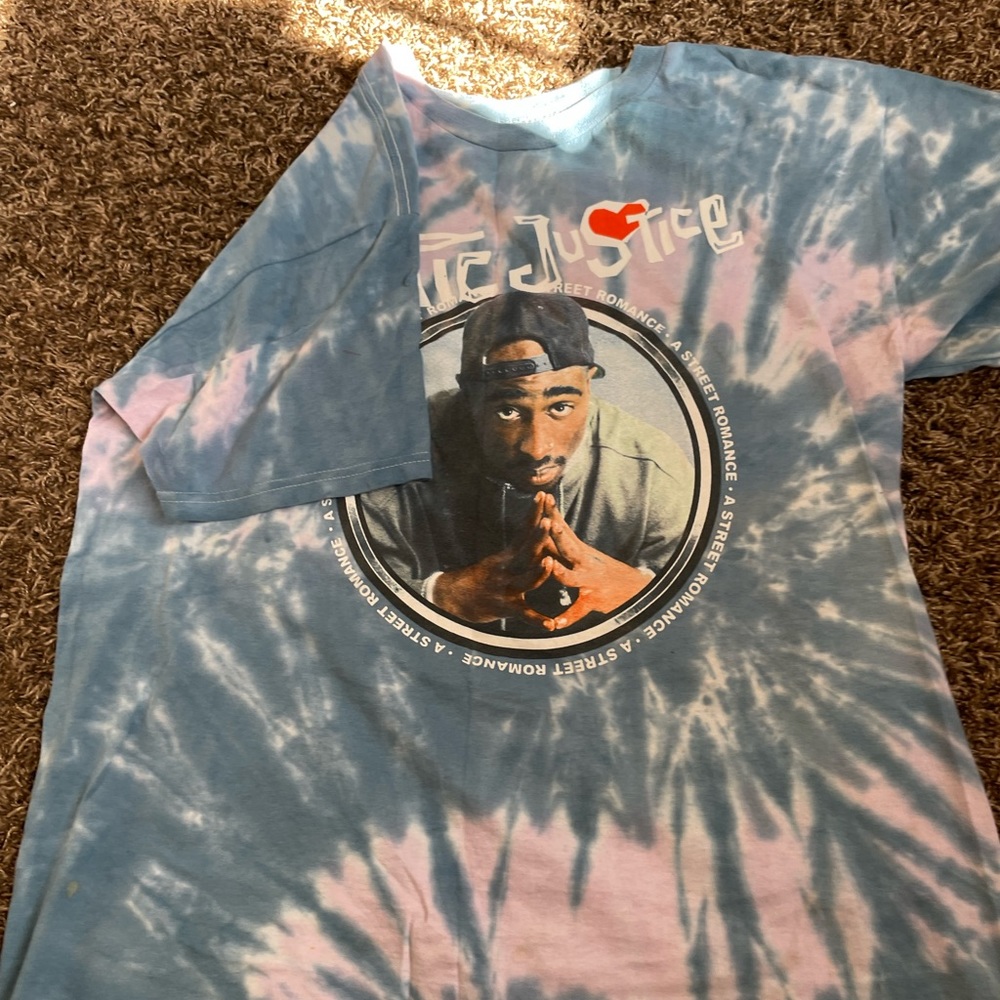 blue and white Tupac tie die shirt